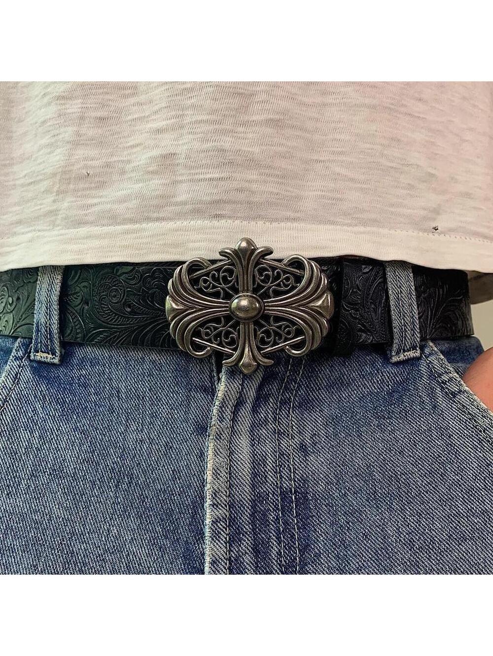 Y2k style Gothic Cross Chrome Silver black floral belt. Very cool unique belt.